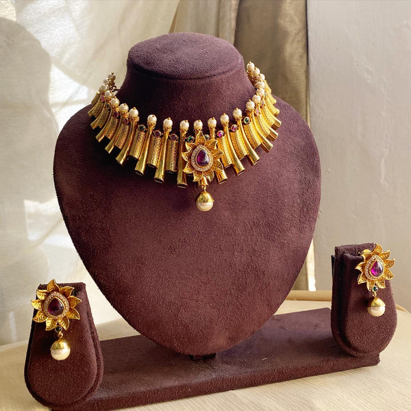 Antique matte sun flower striped pipe Choker set - Multi - Adorna