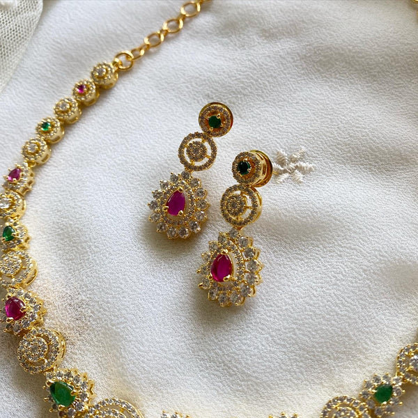 Gold AD Circles tear drop short set - Ruby-Green - Adorna