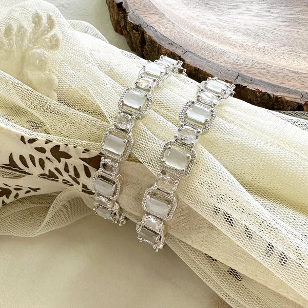 Silver rectangle diamond bangles - set of 2 - Milky white - Adorna