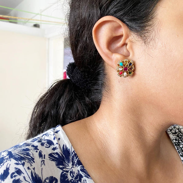 Diamond Navratna studs - Adorna