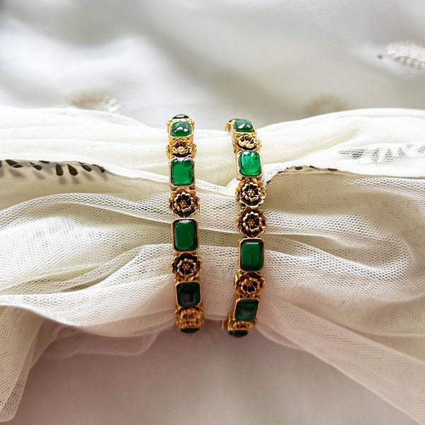 Floral Alt rectangle kemp bangles - set of 2 - Full Green