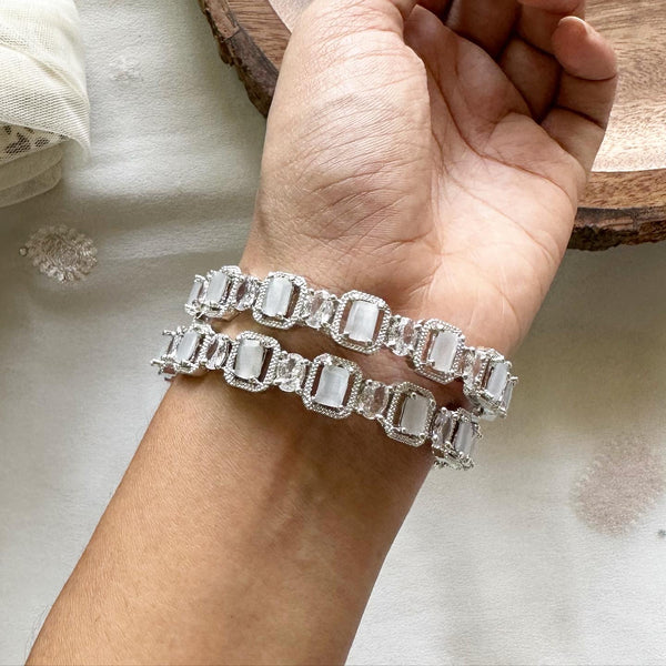 Silver rectangle diamond bangles - set of 2 - Milky white - Adorna