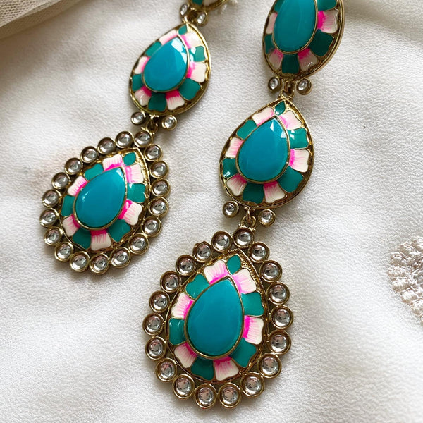 Polki kundan 3 tier-tear drops earrings - Blue - Adorna