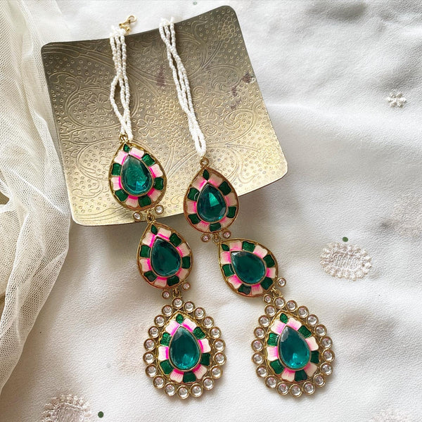 Polki kundan 3 tier-tear drops earrings - Teal much? - Adorna