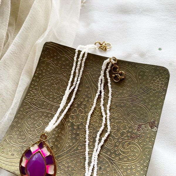 Polki kundan 3 tier-tear drops earrings - Purple - Adorna