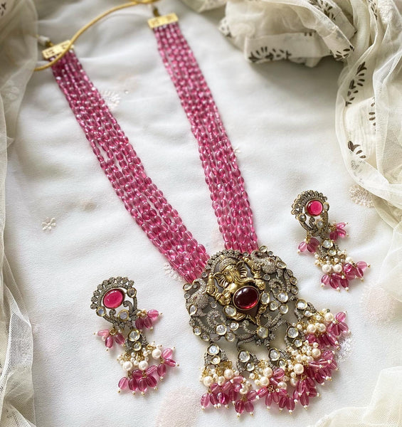 Ganesha polki kundan beaded jewellery - Ruby Pink - Adorna
