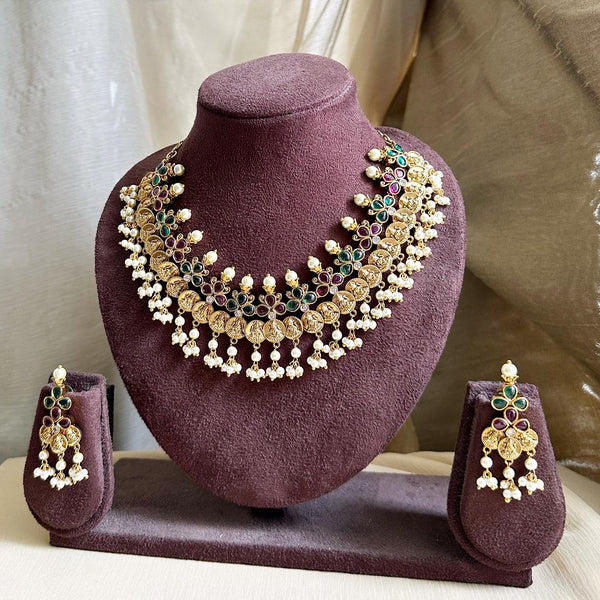 Antique Lakshmi coin three petal pearl short set