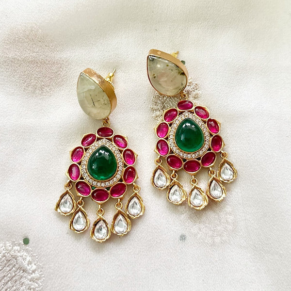 Kundan Jadau tear drop floral drop earrings - Pale Green