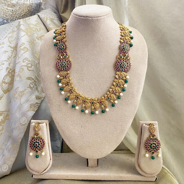 Antique matte finish Peacock Paisley mogappu style short haaram set - Adorna