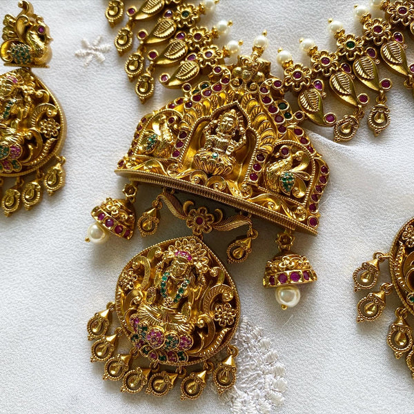 Antique matte Lakshmi peacock lotus short haaram set - Adorna