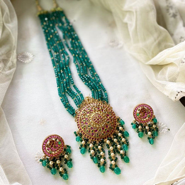 Green beaded Peacock Chakra long set - Adorna