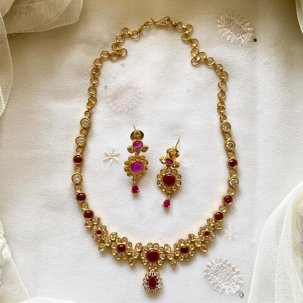 Antique matte kemp CZ studded pretty floral attigai set - Ruby - Adorna