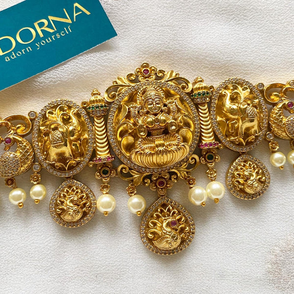Antique Matte CZ Lakshmi Gajendra hipchain - Adorna