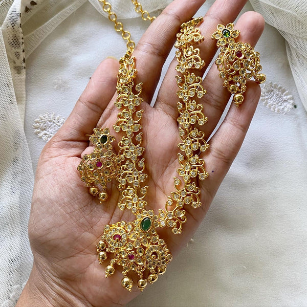 Sparkly CZ studded gold floral short set - Adorna