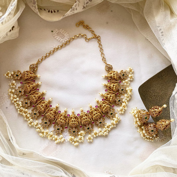 Antique matte CZ Lakshmi spike floral short set - Adorna