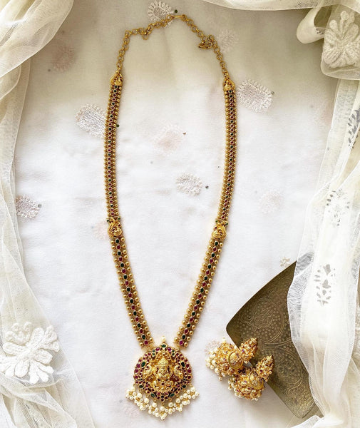 Antique matte kemp Lakshmi Peacock long mala set - Adorna