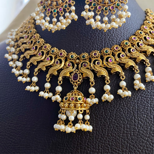 Floral swirl short set with half jumkha pendant - Adorna