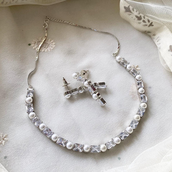 Rectangle CZ Pearl blocks short necklace - White - Adorna