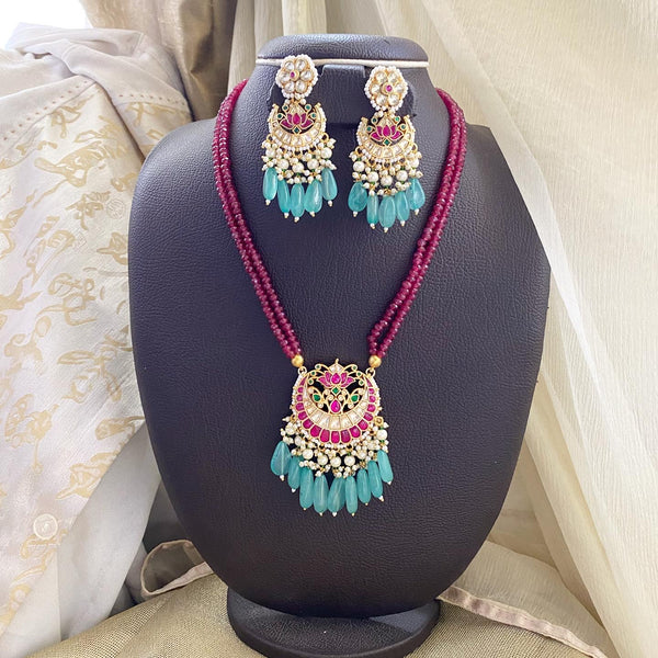 Pachi Kundan Half moon ruby agate mala set - Adorna