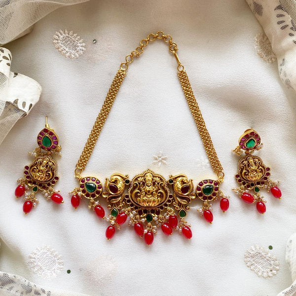 Matte Lakshmi Peacock choker set - Red drops - Ruby-Green - Adorna