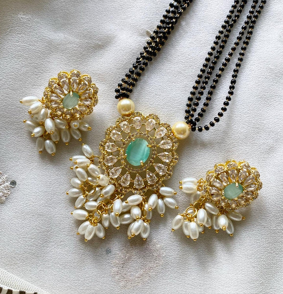 Oval floral black beaded mangalsutra short set - Adorna