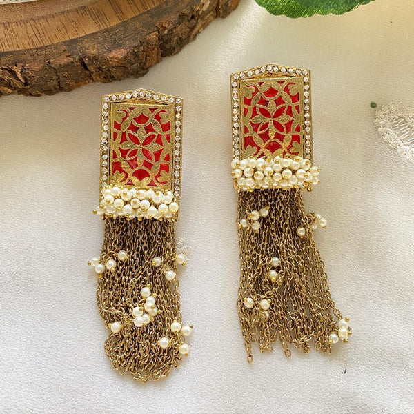 Filigree stud Pearl tassel long earrings - Adorna