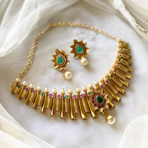 Antique matte sun flower striped pipe Choker set - Ruby-Green - Adorna