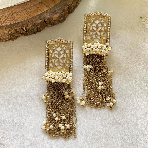 Filigree stud Pearl tassel long earrings - Adorna
