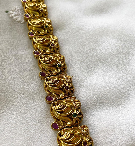 Antique matte kemp floral swirl long haaram set - Adorna
