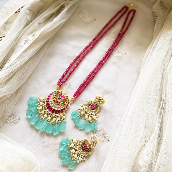 Pachi Kundan Half moon ruby agate mala set - Adorna