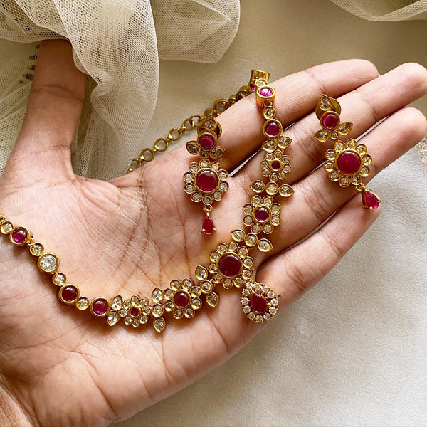 Antique matte kemp CZ studded pretty floral attigai set - Ruby - Adorna