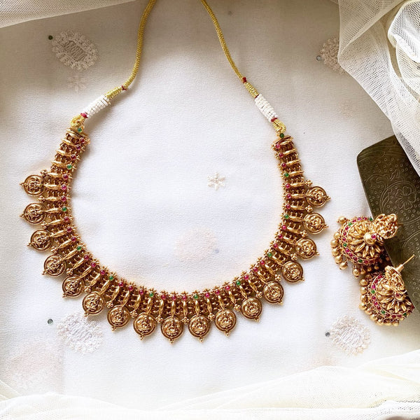 Antique matte Lakshmi coin spike short set - Ruby-Green - Adorna