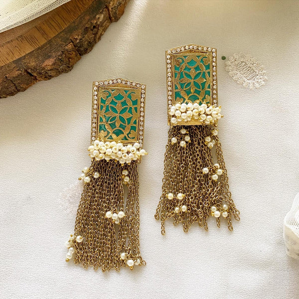 Filigree stud Pearl tassel long earrings - Adorna
