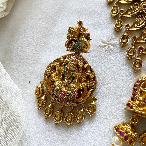Antique matte Lakshmi peacock lotus short haaram set - Adorna