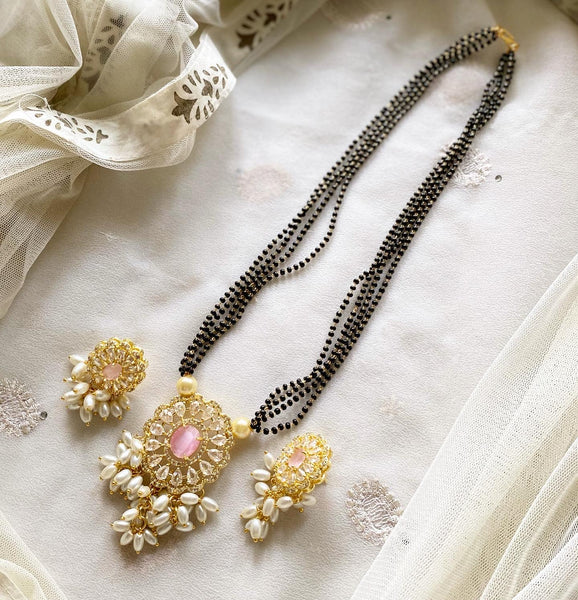 Oval floral black beaded mangalsutra short set - Adorna