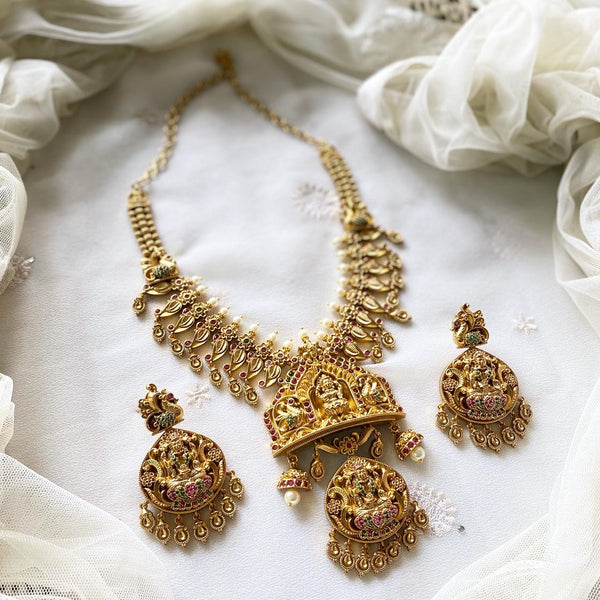 Antique matte Lakshmi peacock lotus short haaram set - Adorna