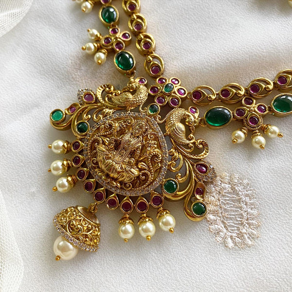 Antique matte kemp studded Lakshmi Peacock layered short set - Adorna