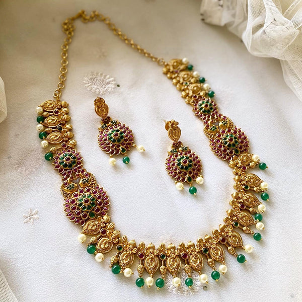 Antique matte finish Peacock Paisley mogappu style short haaram set - Adorna