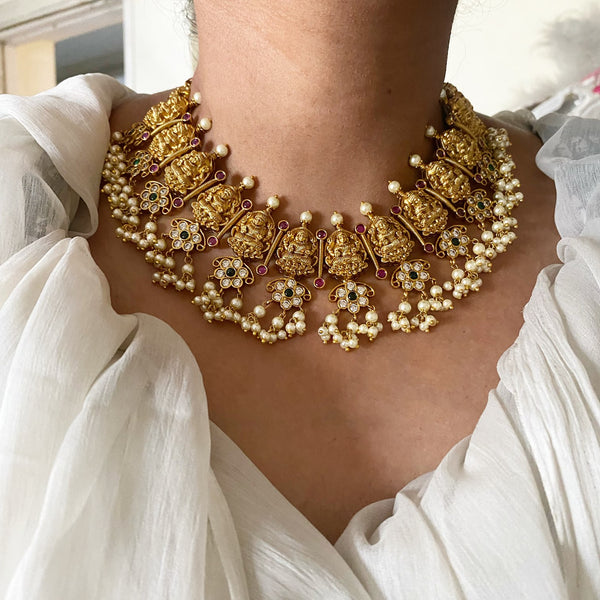 Antique matte CZ Lakshmi spike floral short set - Adorna