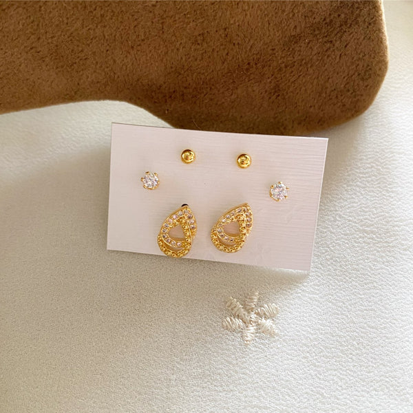 Triple piercing Twin Tear CZ studs - Gold - Adorna