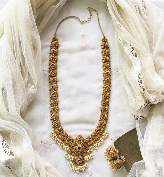 Antique matte kemp floral swirl long haaram set - Adorna