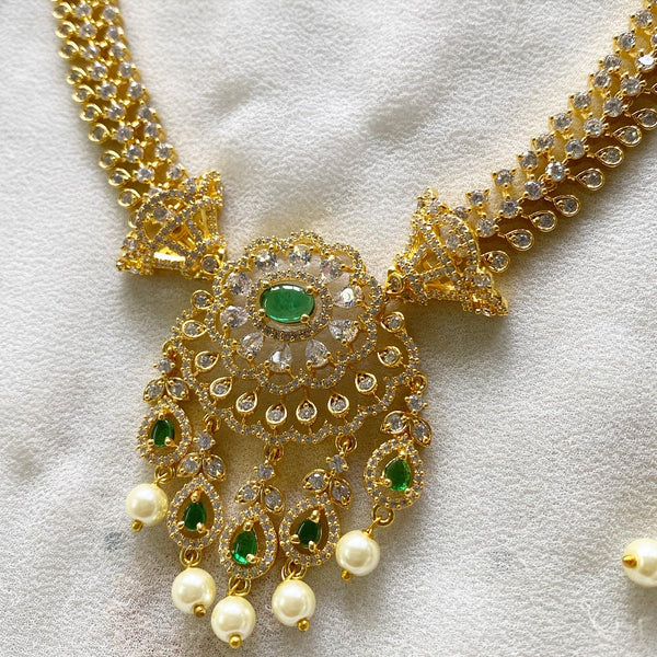 Gold AD floral drops pendant short set - Adorna