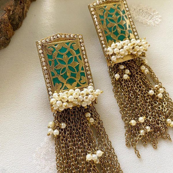 Filigree stud Pearl tassel long earrings - Adorna
