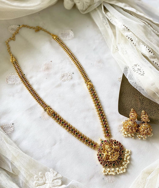 Antique matte kemp Lakshmi Peacock long mala set - Adorna
