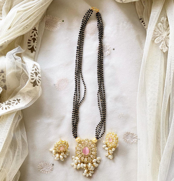 Oval floral black beaded mangalsutra short set - Adorna