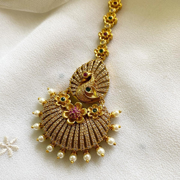 Antique matte CZ Peacock floral rays tikka - Adorna