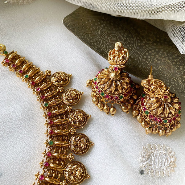 Antique matte Lakshmi coin spike short set - Ruby-Green - Adorna