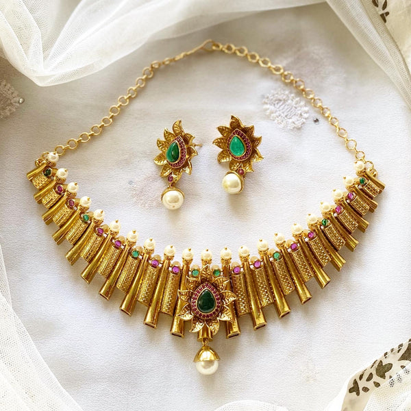 Antique matte sun flower striped pipe Choker set - Ruby-Green - Adorna