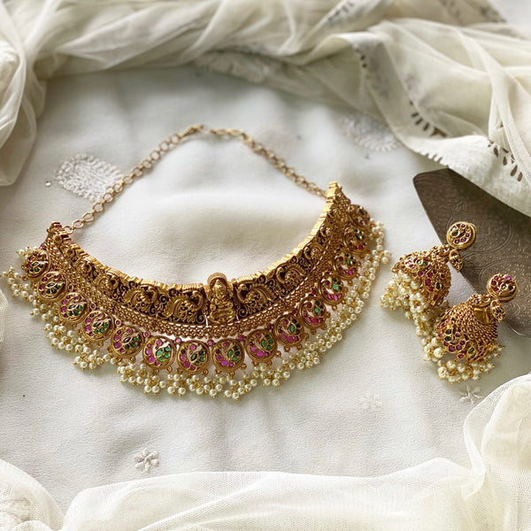 Antique matte Peacock kemp bridal choker set - Adorna