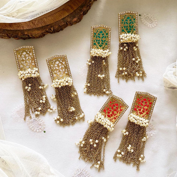 Filigree stud Pearl tassel long earrings - Adorna